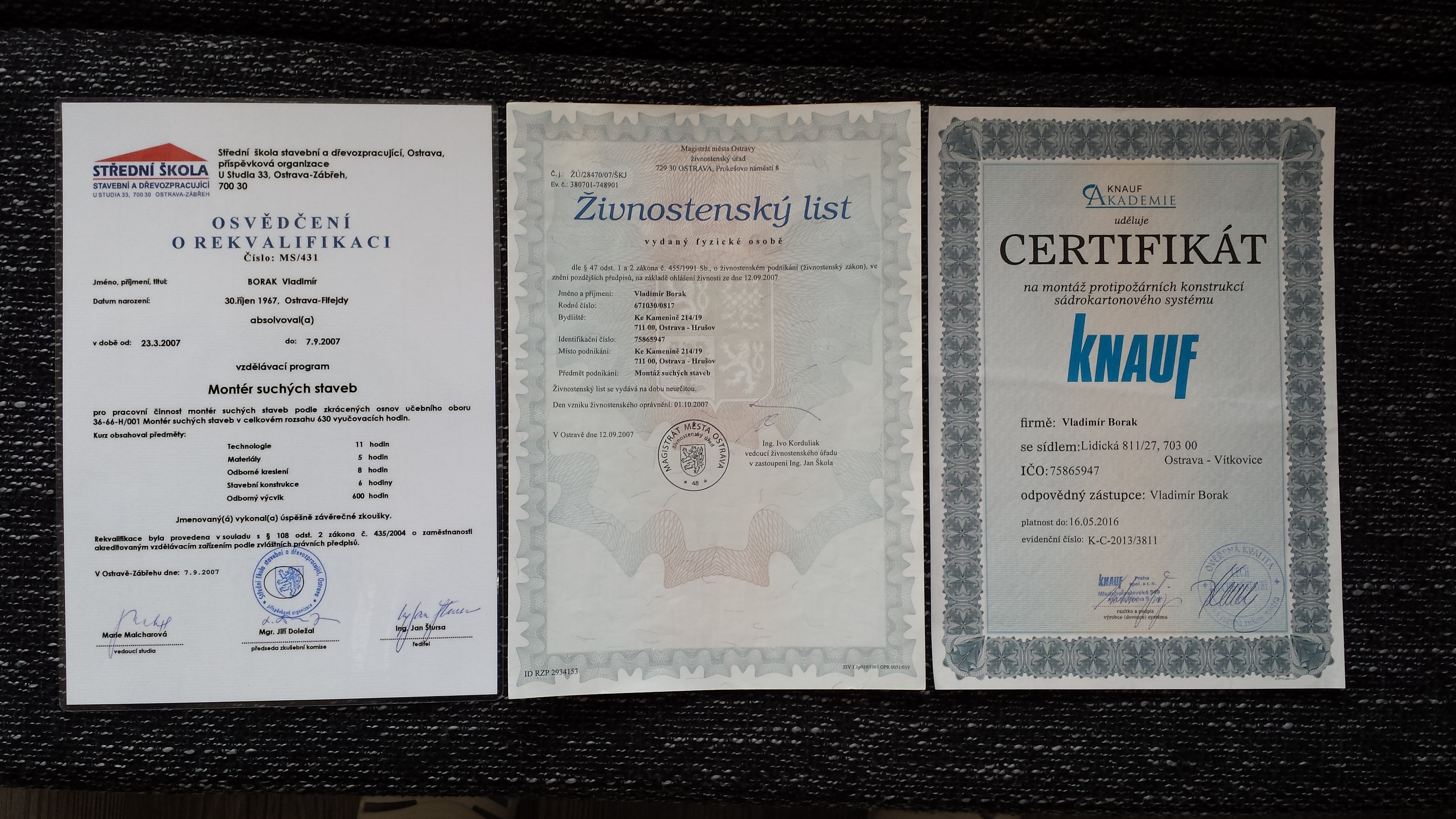 Moje papiry a certifikace  pro praci Sadrokartonem .